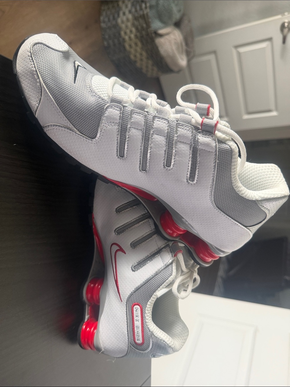 Nike Kids White and Gray Sneakers with Red Shox Accents